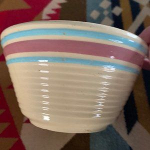 Antique Watt Blue and Pink Striped Spongeware Bowl